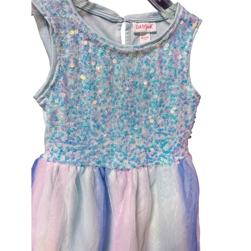 Cat & Jack Girls XS 4/5 Mint Sequin Tulle Party Dress Mermaid Pastel Rainbow